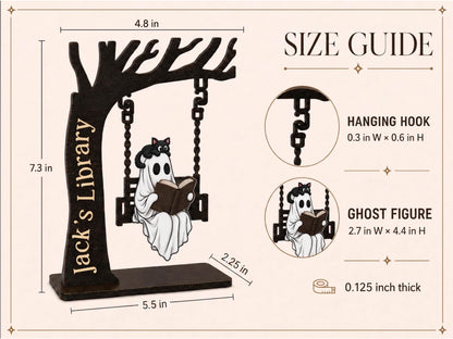 Personalized Halloween Ghost Bookshelf Sign for Book Nook, Cute Ghost On Swing Halloween Decor for Book Lover, Custom Name Library Sign