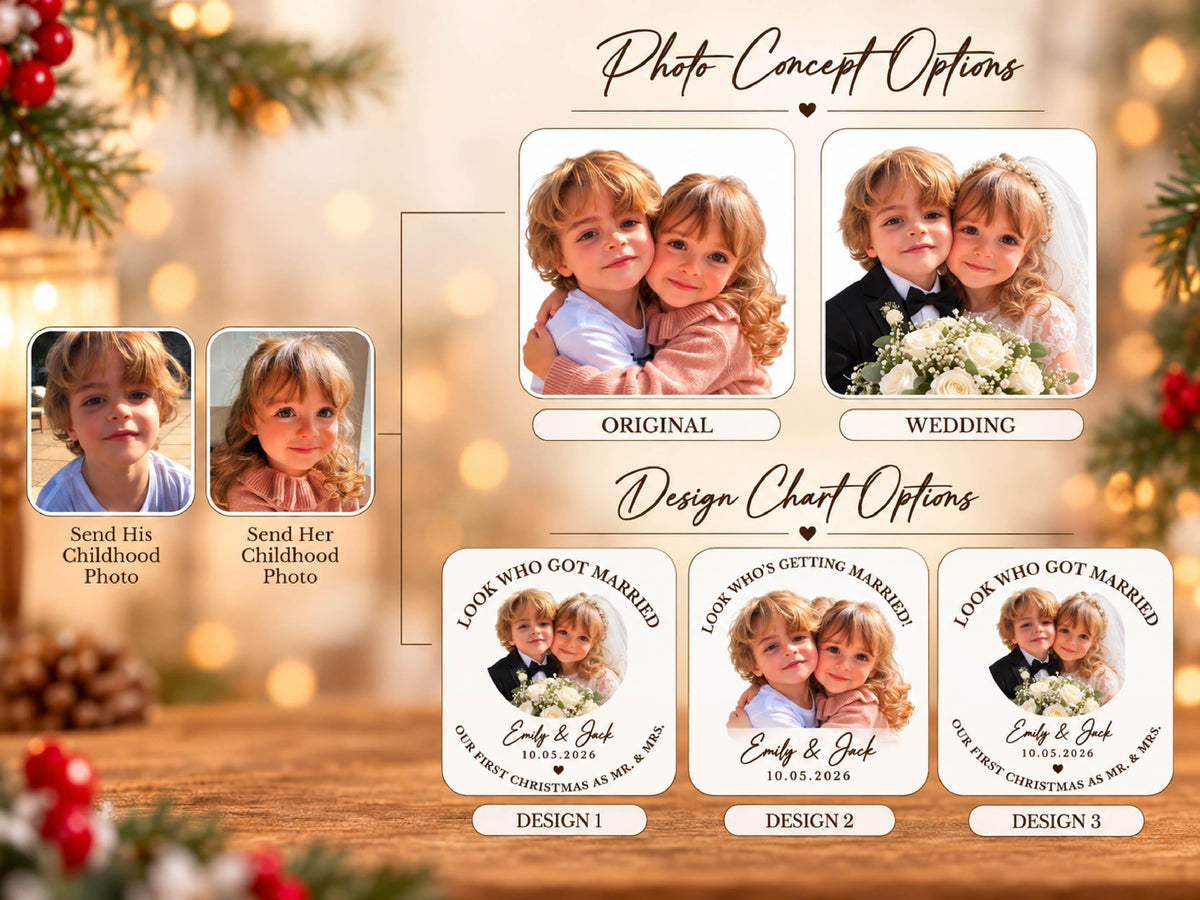 Childhood Photo Wedding Ornament, First Christmas Married Ornament, Custom Bride & Groom Keepsake, Personalized Newlywed Gift for Couple