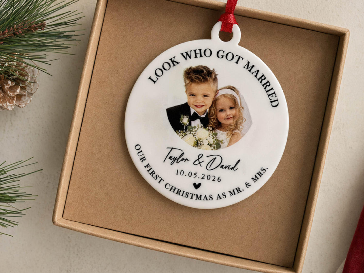 Childhood Photo Wedding Ornament, First Christmas Married Ornament, Custom Bride & Groom Keepsake, Personalized Newlywed Gift for Couple