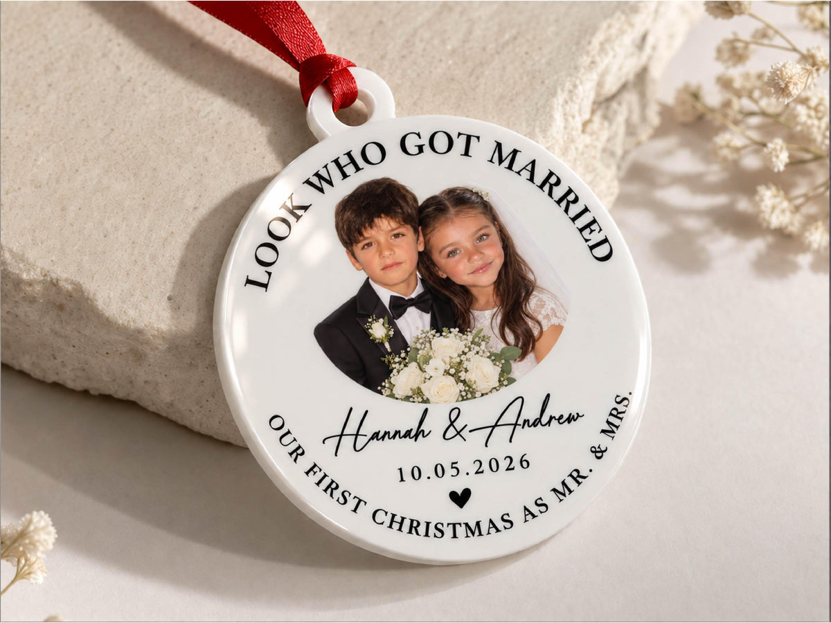 Childhood Photo Wedding Ornament, First Christmas Married Ornament, Custom Bride & Groom Keepsake, Personalized Newlywed Gift for Couple
