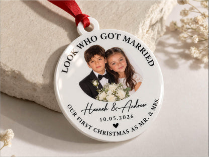 Childhood Photo Wedding Ornament, First Christmas Married Ornament, Custom Bride & Groom Keepsake, Personalized Newlywed Gift for Couple