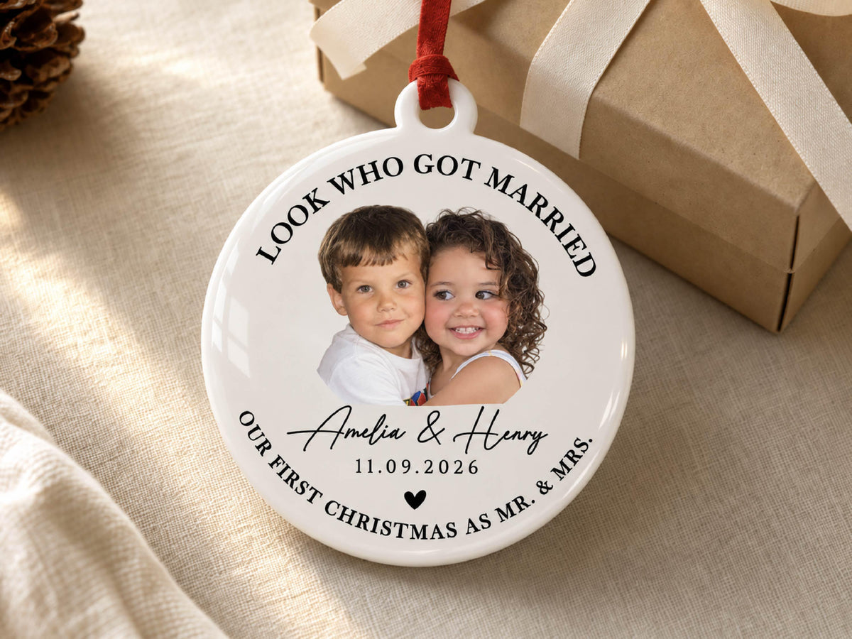 Childhood Photo Wedding Ornament, First Christmas Married Ornament, Custom Bride & Groom Keepsake, Personalized Newlywed Gift for Couple