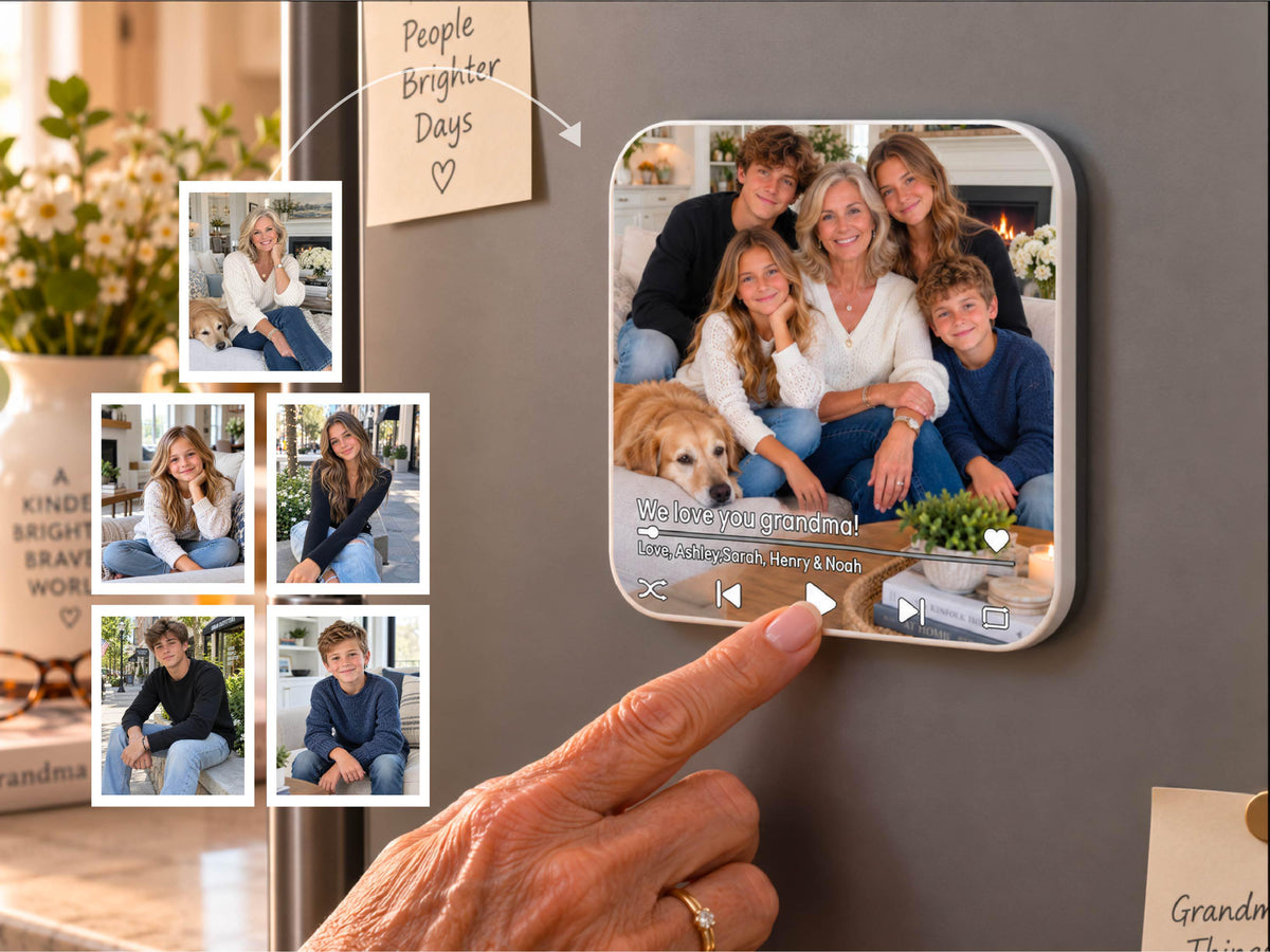 Custom Photo Merge Magnet, Personalized Family Photo Collage w/ Voice Record, Multiple Photos Into One Picture, Grandma Gift from Grandkids