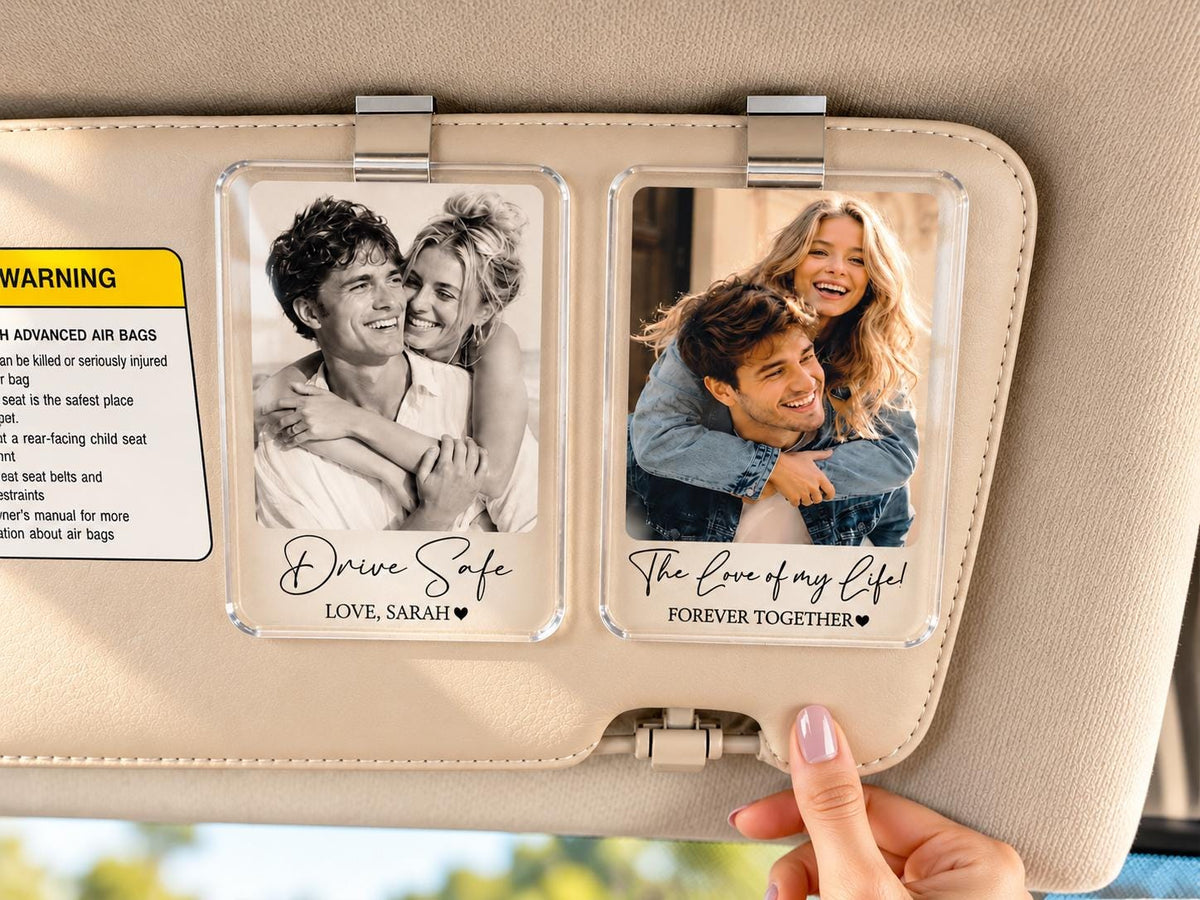 Personalized Couple Photo Car Visor Clip, Drive Safe I Love You Romantic Gifts for Him, Unique Anniversary Gift for Husband, Sun Visor Clip