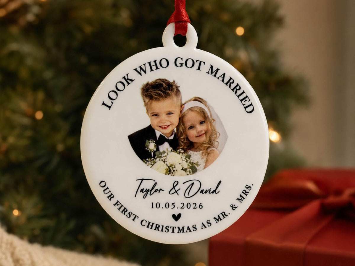 Childhood Photo Wedding Ornament, First Christmas Married Ornament, Custom Bride & Groom Keepsake, Personalized Newlywed Gift for Couple