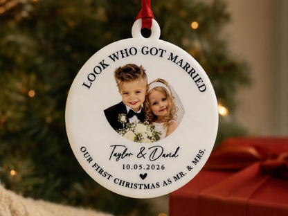 Childhood Photo Wedding Ornament, First Christmas Married Ornament, Custom Bride & Groom Keepsake, Personalized Newlywed Gift for Couple