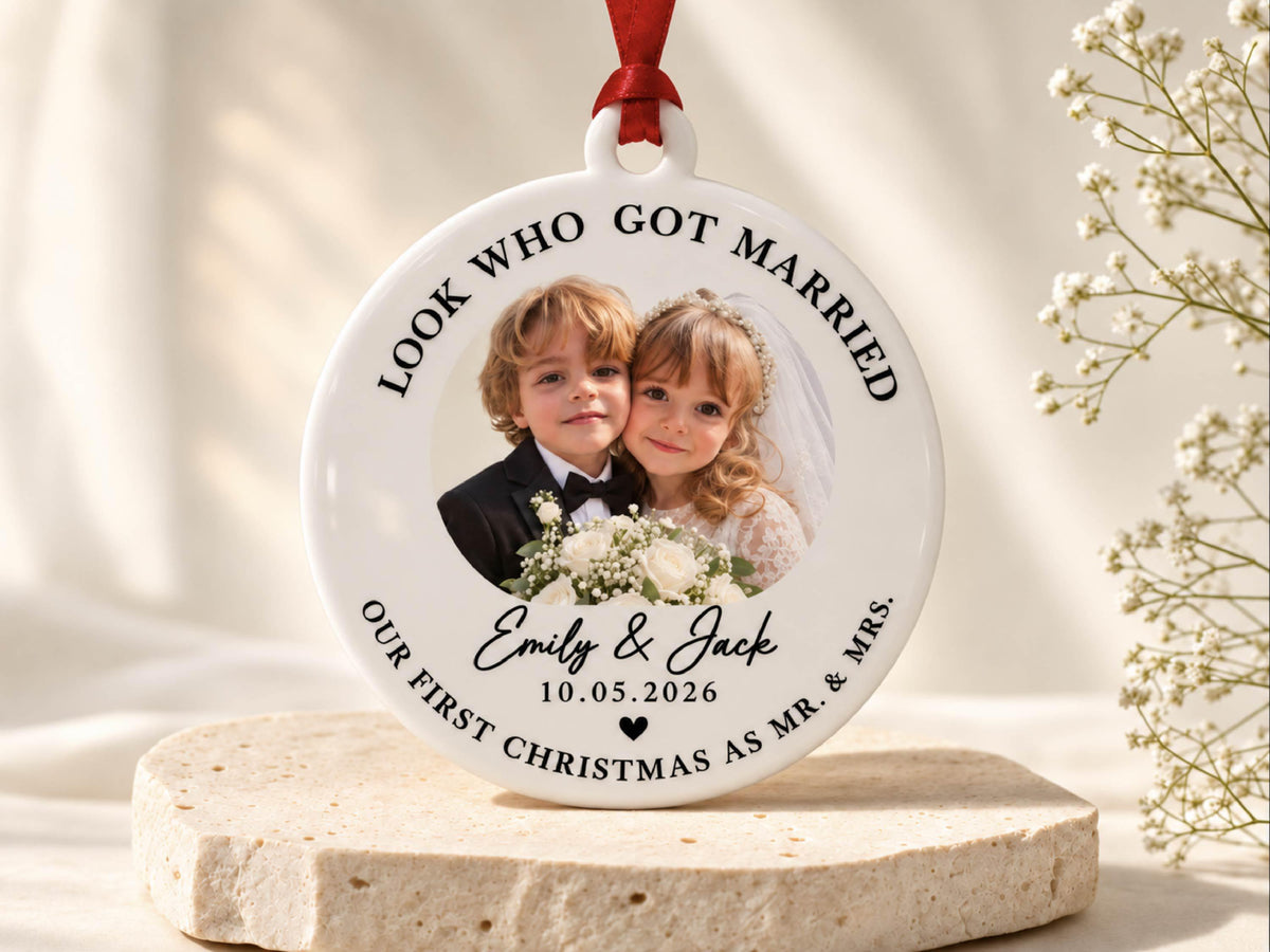 Childhood Photo Wedding Ornament, First Christmas Married Ornament, Custom Bride & Groom Keepsake, Personalized Newlywed Gift for Couple