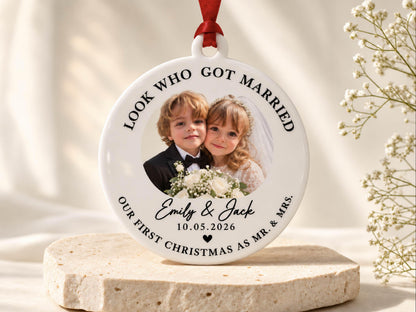 Childhood Photo Wedding Ornament, First Christmas Married Ornament, Custom Bride & Groom Keepsake, Personalized Newlywed Gift for Couple