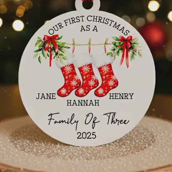 Family Christmas Stocking Ornament 2025, Personalized New Family Ornament, Our First Christmas as a Family Keepsake, Custom Family Name Gift