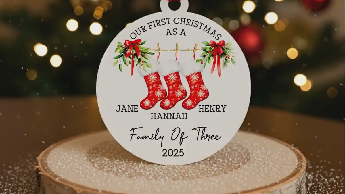 Family Christmas Stocking Ornament 2025, Personalized New Family Ornament, Our First Christmas as a Family Keepsake, Custom Family Name Gift