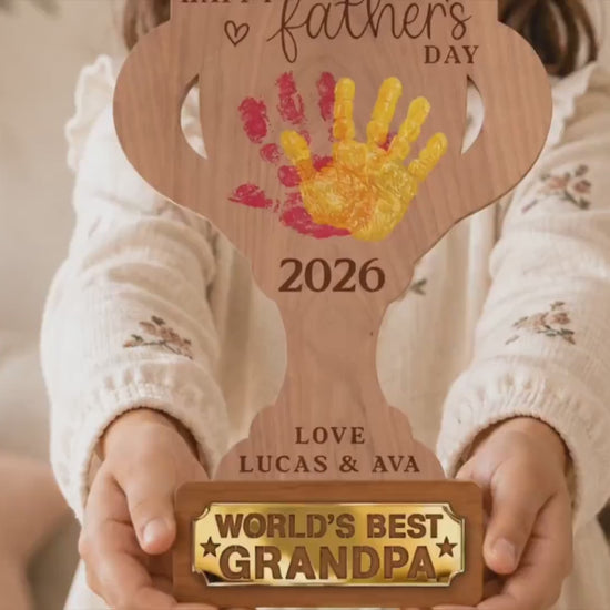 Personalized Father’s Day Handprint Trophy Sign, World's Best Dad Award, Kids Handprint Keepsake, Dad Wood Sign with Kids Names Dad Gift