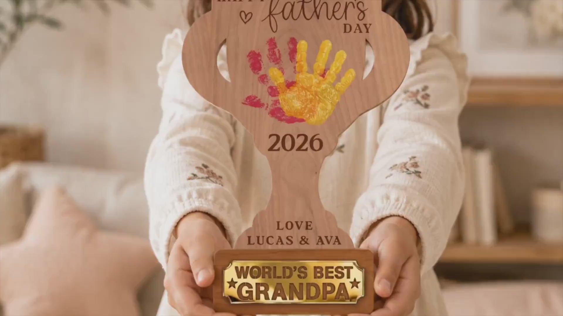 Personalized Father’s Day Handprint Trophy Sign, World's Best Dad Award, Kids Handprint Keepsake, Dad Wood Sign with Kids Names Dad Gift