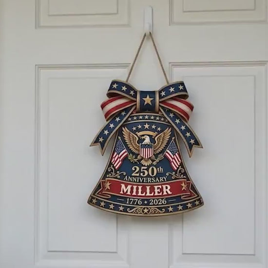 Personalized USA 250 Liberty Bell Sign, Custom Family Name Patriotic Door Hanger, 4th of July Wooden Door Sign, 1776-2026 America Decor