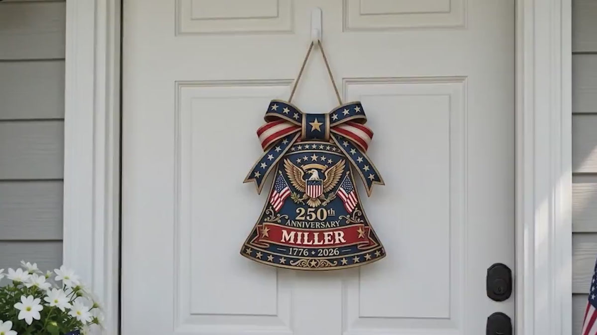 Personalized USA 250 Liberty Bell Sign, Custom Family Name Patriotic Door Hanger, 4th of July Wooden Door Sign, 1776-2026 America Decor