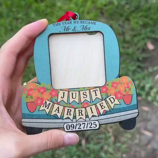 Custom Just Married Car Ornament: Wooden Wedding Keepsake For Christmas