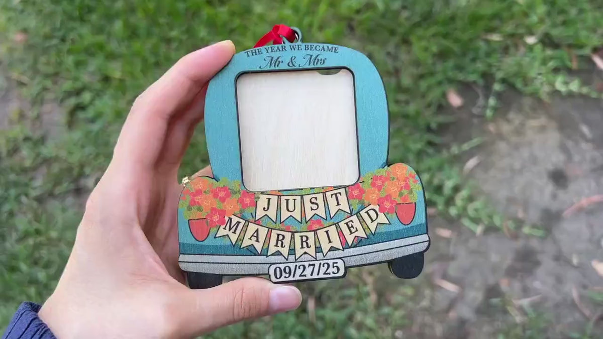 Custom Just Married Car Ornament: Wooden Wedding Keepsake For Christmas