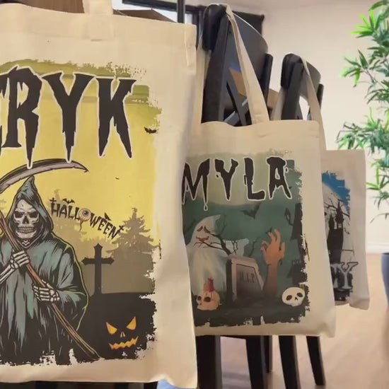 Personalized Halloween Trick or Treat Bag: Witch, Cat, Castle Design
