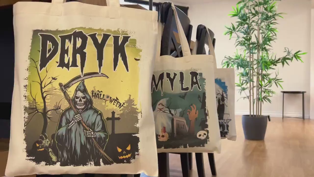 Personalized Halloween Trick or Treat Bag: Witch, Cat, Castle Design
