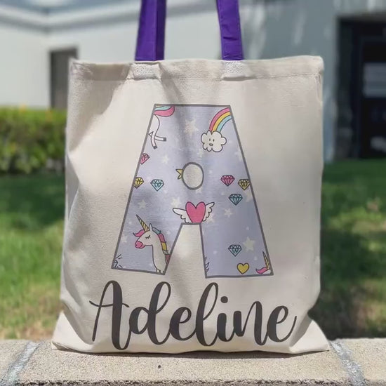 Personalized Kids Name Tote Bag Library Tote for Kids Children Book Bag Custom Stationery Canvas Bag Kids School Tote With Rainbow Dinosaur