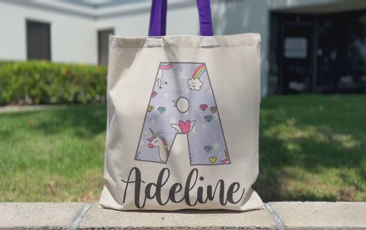Personalized Kids Name Tote Bag Library Tote for Kids Children Book Bag Custom Stationery Canvas Bag Kids School Tote With Rainbow Dinosaur