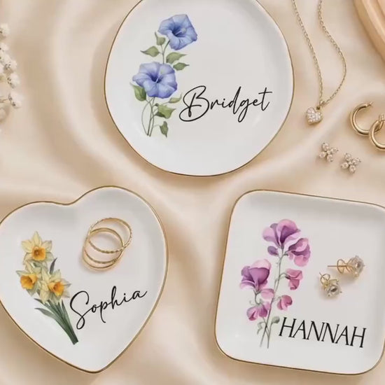 Personalized Birth Flower Ring Dish with Name