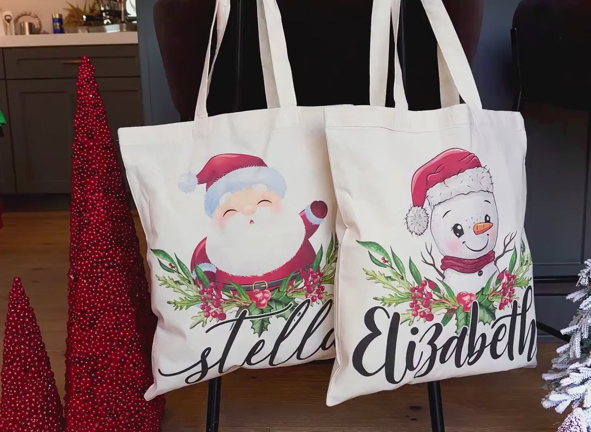 Personalized Christmas Tote Bags Custom Xmas/Noel Totes Bag Gifts Customized Santa Snowman Penguin Reindeer Tree Gnome Goodie Reusable Bags