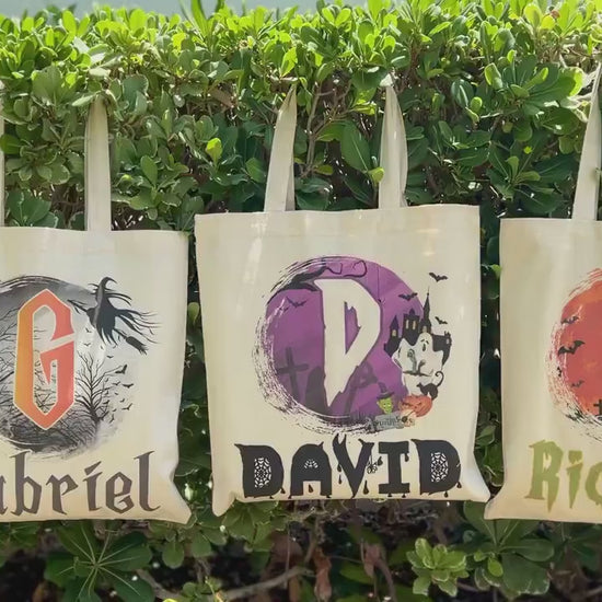 Personalized Halloween Tote Bag, Customized Pumpkin Witch Black Cat Castle Skeleton Ghost Canvas Tote Bag for Trick or Treat Goodie Gift Bag
