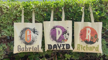Personalized Halloween Tote Bag, Customized Pumpkin Witch Black Cat Castle Skeleton Ghost Canvas Tote Bag for Trick or Treat Goodie Gift Bag