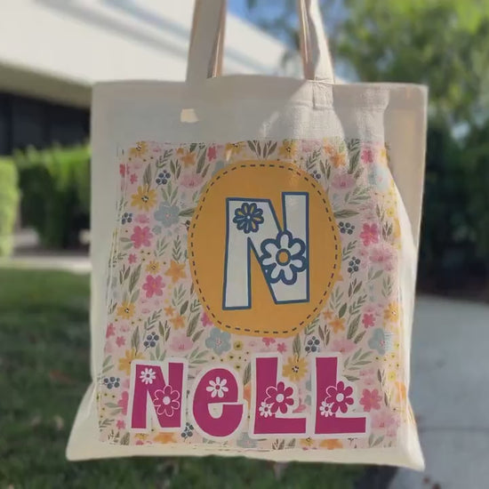 Kids Name Tote Bag, Library Bag for Kids Children Book Bag, Custom Back to School Bag, Personalized Kids School Tote With Rainbow Dinosaur