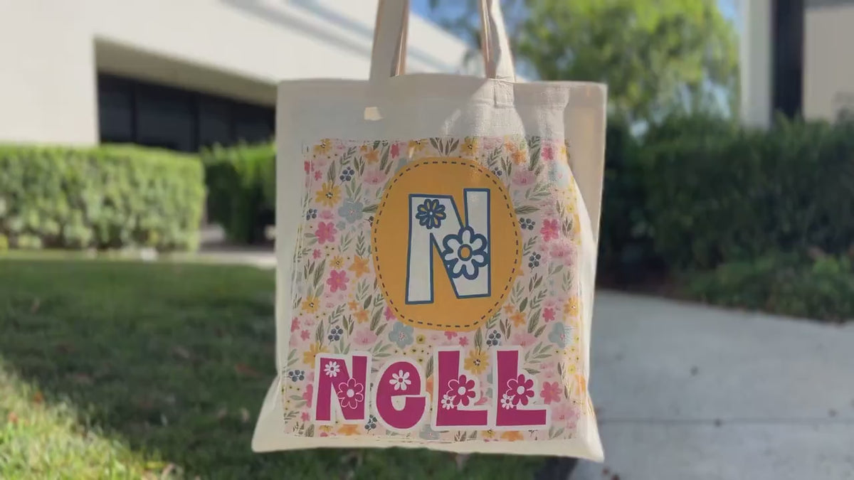 Kids Name Tote Bag, Library Bag for Kids Children Book Bag, Custom Back to School Bag, Personalized Kids School Tote With Rainbow Dinosaur