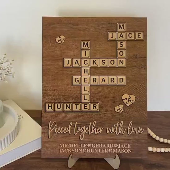Personalized Family Name Puzzle Sign: Custom Wood Crossword, Grandparent Gift